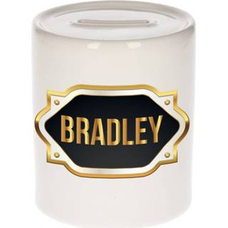 👉 Spaarpot gouden mannen Naam cadeau Bradley met embleem