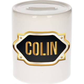 👉 Spaarpot gouden mannen Naam cadeau Colin met embleem