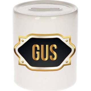 👉 Spaarpot gouden mannen Naam cadeau Gus met embleem