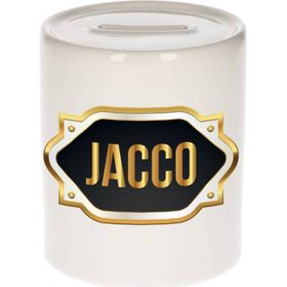 Spaarpot gouden mannen Naam cadeau Jacco met embleem