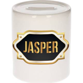 👉 Spaarpot gouden mannen Naam cadeau Jasper met embleem