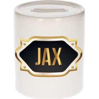 👉 Spaarpot gouden mannen Naam cadeau Jax met embleem