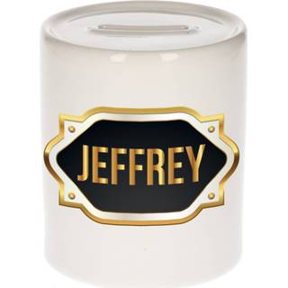 👉 Spaarpot gouden mannen Naam cadeau Jeffrey met embleem