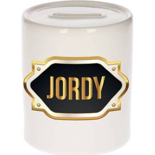 👉 Spaarpot gouden mannen Naam cadeau Jordy met embleem
