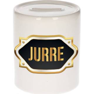 Spaarpot gouden mannen Naam cadeau Jurre met embleem
