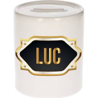 👉 Spaarpot gouden mannen Naam cadeau Luc met embleem