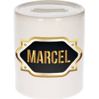 👉 Spaarpot gouden mannen Naam cadeau Marcel met embleem