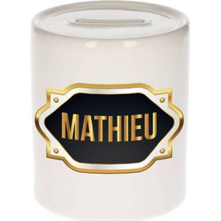 👉 Spaarpot gouden mannen Naam cadeau Mathieu met embleem