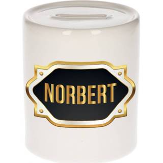 👉 Spaarpot gouden mannen Naam cadeau Norbert met embleem