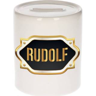 👉 Spaarpot gouden mannen Naam cadeau Rudolf met embleem