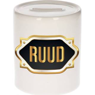 👉 Spaarpot gouden mannen Naam cadeau Ruud met embleem