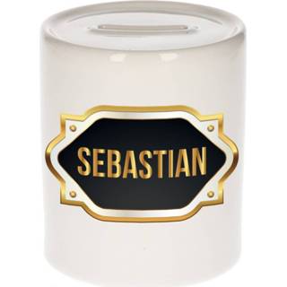 👉 Spaarpot gouden mannen Naam cadeau Sebastian met embleem