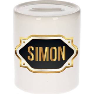 👉 Spaarpot gouden mannen Naam cadeau Simon met embleem