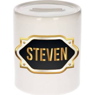 👉 Spaarpot gouden mannen Naam cadeau Steven met embleem