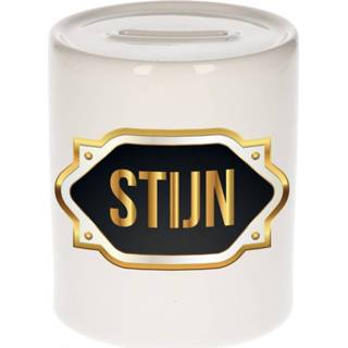 👉 Spaarpot gouden mannen Naam cadeau Stijn met embleem