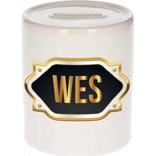 👉 Spaarpot gouden mannen Naam cadeau Wes met embleem