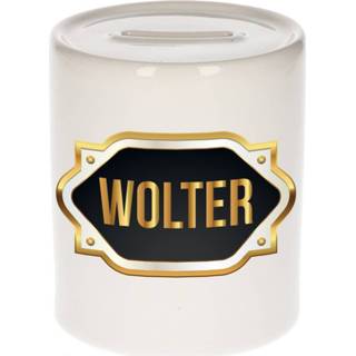 👉 Spaarpot gouden mannen Naam cadeau Wolter met embleem