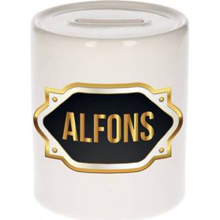 👉 Spaarpot gouden mannen Naam cadeau Alfons met embleem