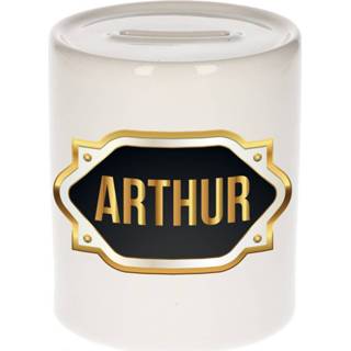 👉 Spaarpot gouden mannen Naam cadeau Arthur met embleem