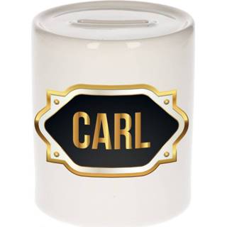 👉 Spaarpot gouden mannen Naam cadeau Carl met embleem