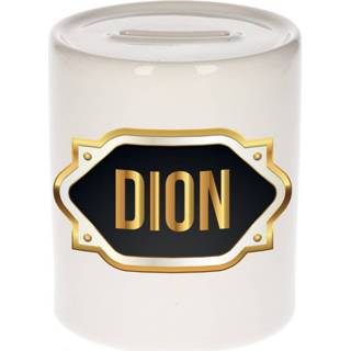 👉 Spaarpot gouden mannen Naam cadeau Dion met embleem