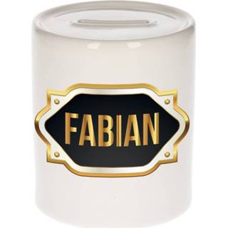 👉 Spaarpot gouden mannen Naam cadeau Fabian met embleem