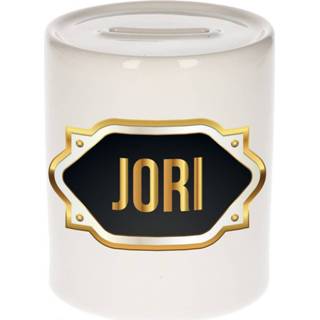 👉 Spaarpot gouden mannen Naam cadeau Jori met embleem