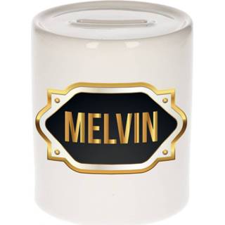 👉 Spaarpot gouden mannen Naam cadeau Melvin met embleem