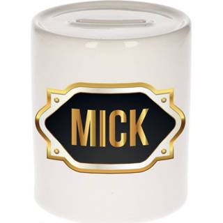 👉 Spaarpot gouden mannen Naam cadeau Mick met embleem