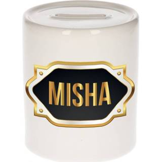 👉 Spaarpot gouden mannen Naam cadeau Misha met embleem