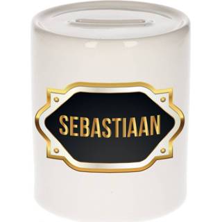 👉 Spaarpot gouden mannen Naam cadeau Sebastiaan met embleem