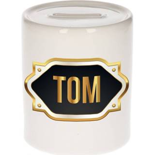 👉 Spaarpot gouden mannen Naam cadeau Tom met embleem