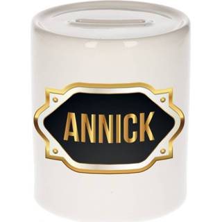 👉 Spaarpot gouden mannen Naam cadeau Annick met embleem