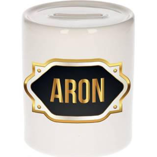 👉 Spaarpot gouden mannen Naam cadeau Aron met embleem