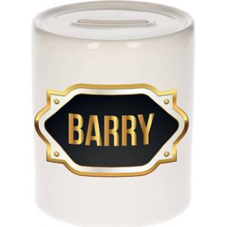 👉 Spaarpot gouden mannen Naam cadeau Barry met embleem