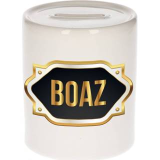 👉 Spaarpot gouden mannen Naam cadeau Boaz met embleem