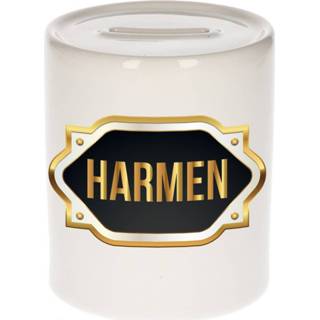 👉 Spaarpot gouden mannen Naam cadeau Harmen met embleem