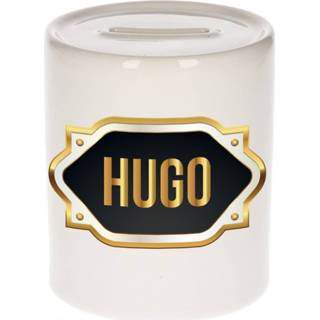 👉 Spaarpot gouden mannen Naam cadeau Hugo met embleem