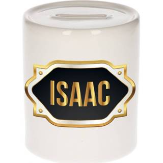 👉 Spaarpot gouden mannen Naam cadeau Isaac met embleem