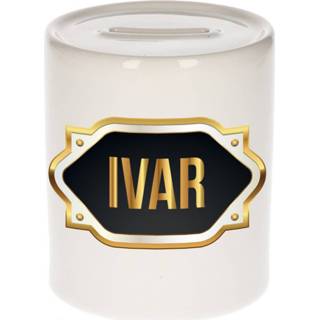 👉 Spaarpot gouden mannen Naam cadeau Ivar met embleem