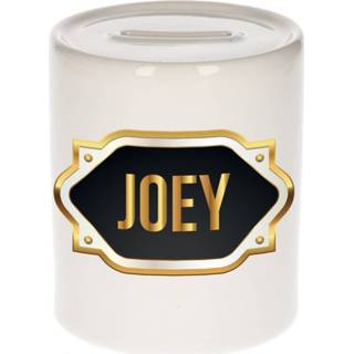 👉 Spaarpot gouden mannen Naam cadeau Joey met embleem
