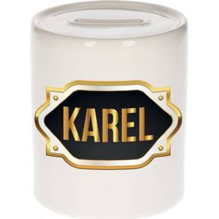 👉 Spaarpot gouden mannen Naam cadeau Karel met embleem