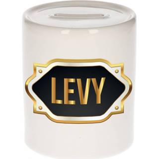 👉 Spaarpot gouden mannen Naam cadeau Levy met embleem