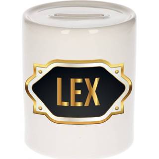 👉 Spaarpot gouden mannen Naam cadeau Lex met embleem