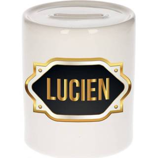 👉 Spaarpot gouden mannen Naam cadeau Lucien met embleem