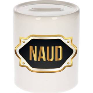 👉 Spaarpot gouden mannen Naam cadeau Naud met embleem