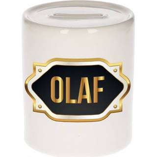 👉 Spaarpot gouden mannen Naam cadeau Olaf met embleem