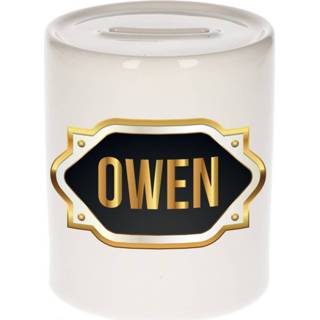 👉 Spaarpot gouden mannen Naam cadeau Owen met embleem