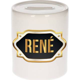 👉 Spaarpot gouden mannen Naam cadeau Rene met embleem