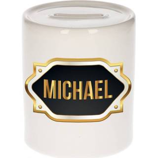 👉 Spaarpot gouden mannen Naam cadeau Michael met embleem